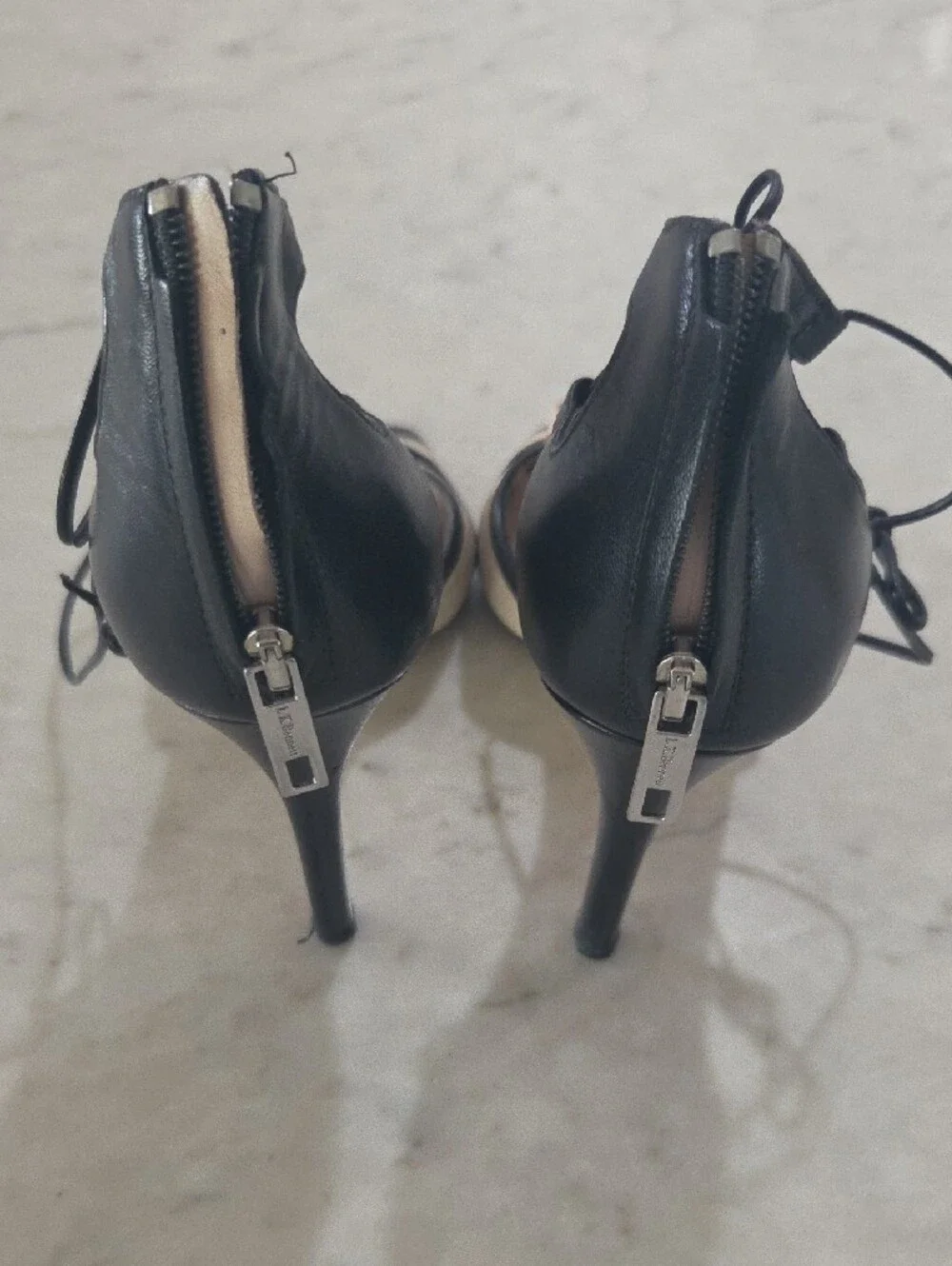 LK Bennett Black and Cream Lace-Up Open-Toe Heels